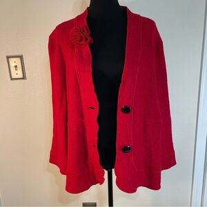 Vintage Red Wool Blend Felted Cardigan Sweater Wool‎  Blazer Cottagecore Rosette